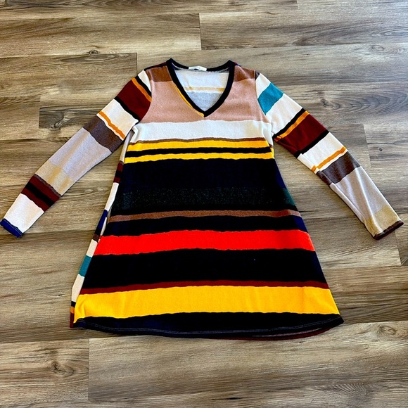 Gorilla Cat Striped Tunic Top Medium V-Neck 3/4 Sleeve Soft Stretchy Boho Retro‎ - Picture 1 of 9
